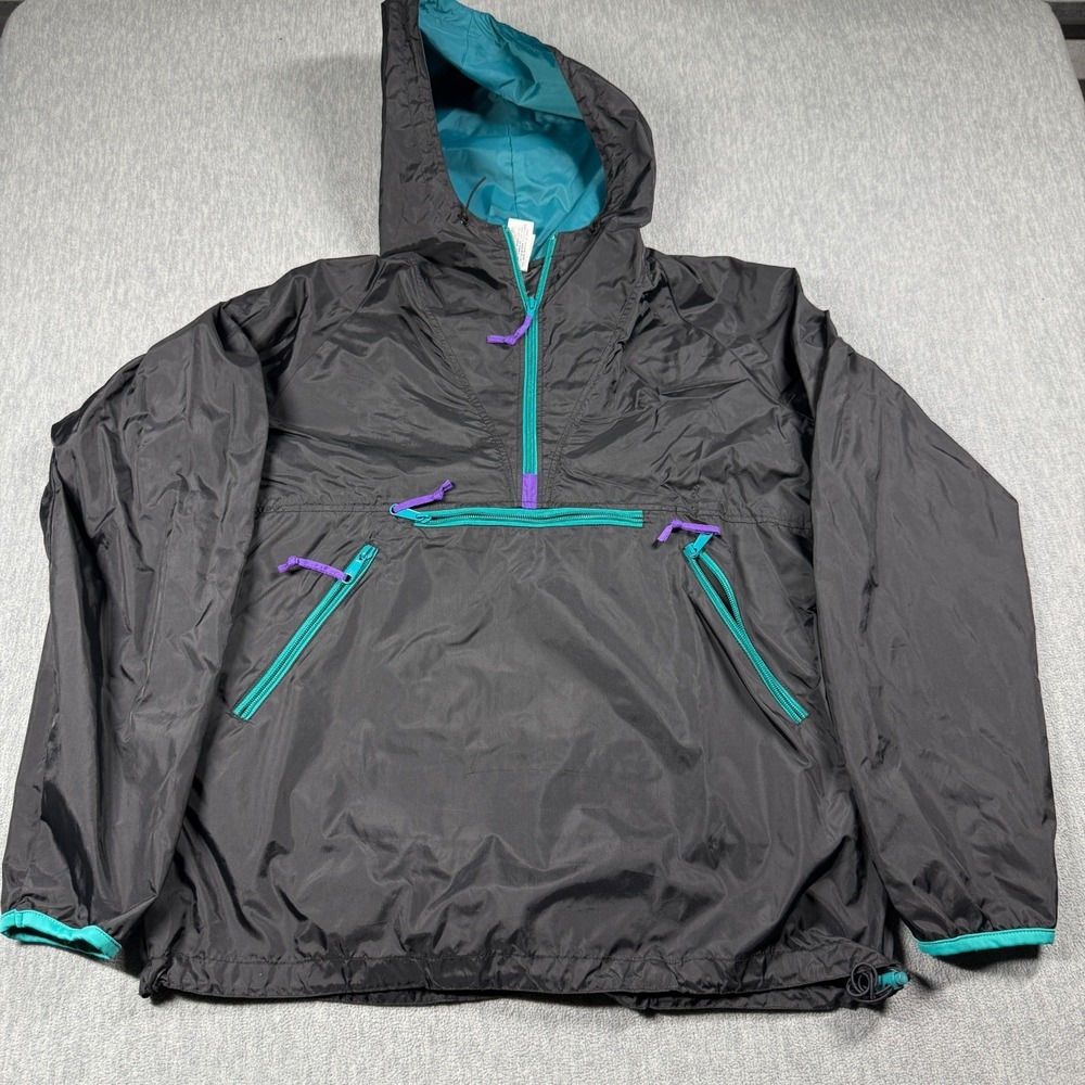 Sierra Designs Jacket Men Large Black Vintage Anorak 1/4 Zip Hooded Windbreaker